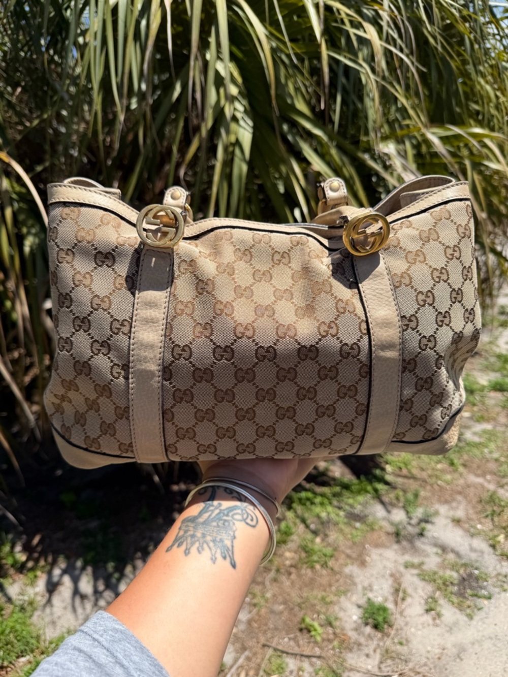 Gucci Tan & Brown GG Canvas Shoulder Bag with Gold Hardware